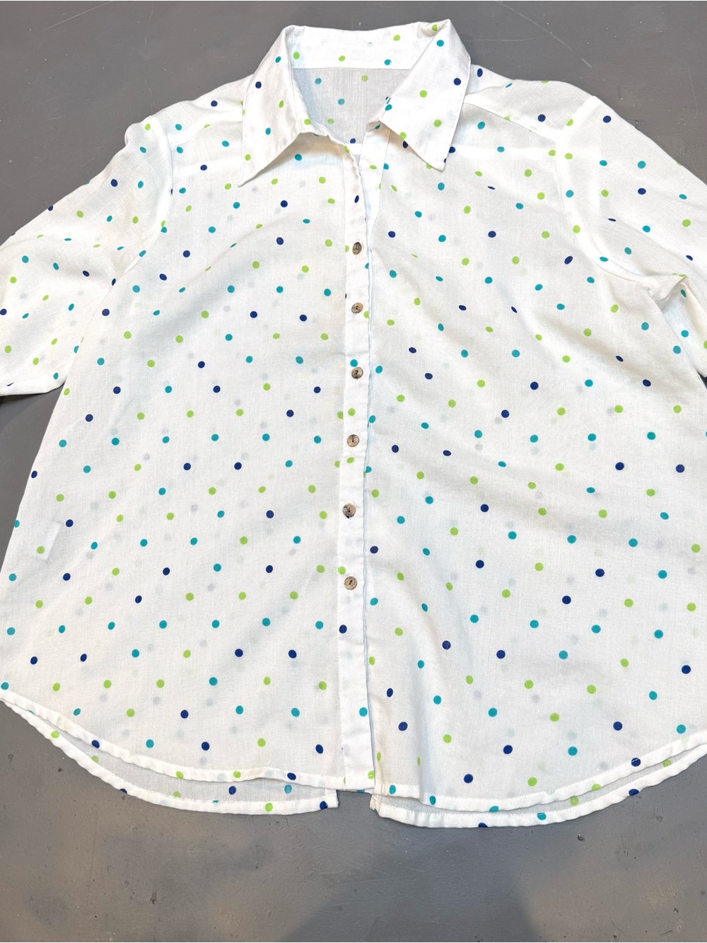 Women's White Button-Up Blouse with Blue & Green Polka Dots